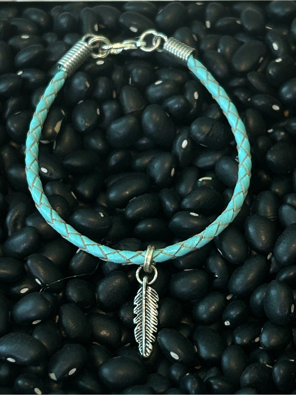 Turquoise Braided Leather Bracelet with Silver Feather Charm - Handmade in USA